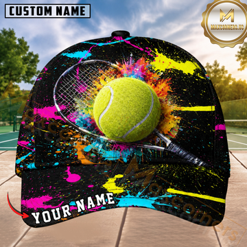Maxcorners Tennis Racket & Tennis Ball Neon Paint Splash Black Colorful Graffiti 3D Design Personalized Name 3D Cap
