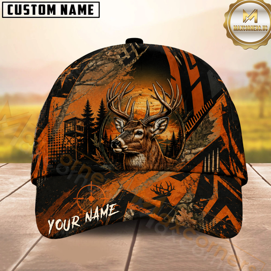 Maxcorners Whitetail Deer Hunting Orange Sunset Camo Multiple Options Personalized Name 3D Cap