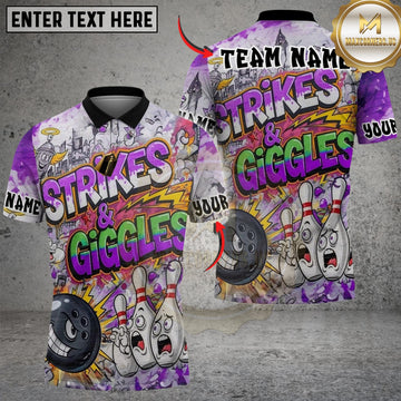 Maxcorners Bowling And Pins Funny Strikes & Giggles Customized Name, Team Name 3D Shirt (4 Colors)