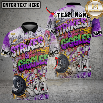 Maxcorners Bowling And Pins Funny Strikes & Giggles Customized Name, Team Name 3D Shirt (4 Colors)