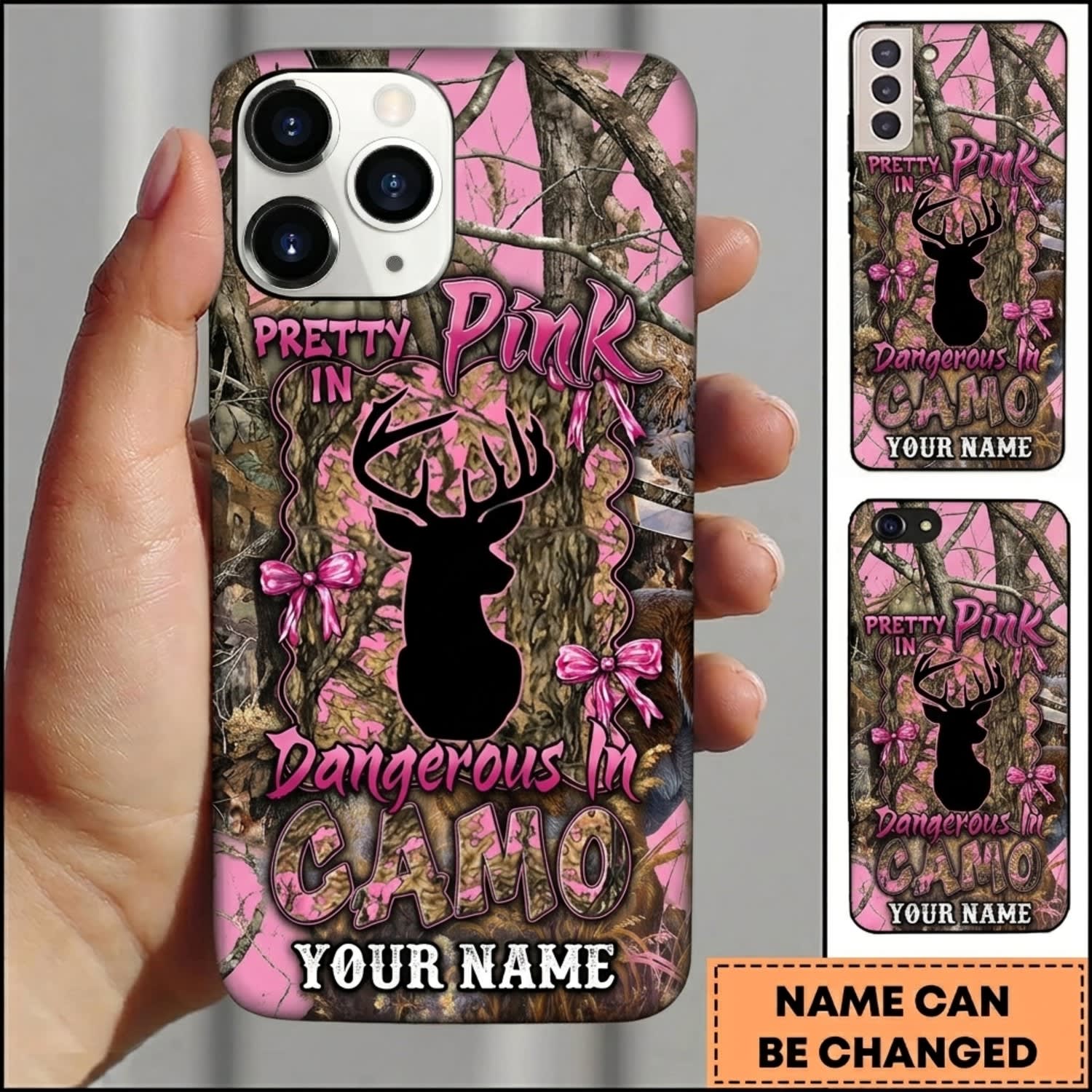 Maxcorners Hunting Pretty In Pink Deer Woodland Camo Personalized Name 3D Phone Case
