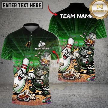 Maxcorners Bowling And Pins Funny Beer Drunken Fighting Customized Name, Team Name 3D Shirt (4 Colors)