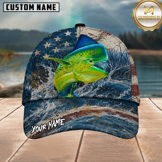 Maxcorners Fishing Mahi Mahi American Flag Splash Personalized 3D Cap