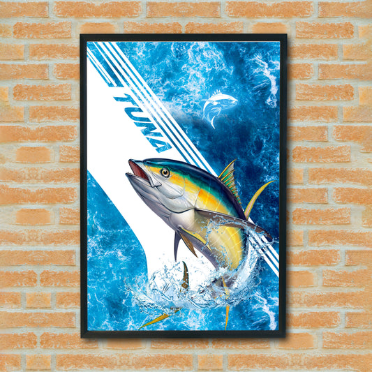 Maxcorners Tuna Fishing Blue Ocean Stripe Splash Design Personalized Name 3D Poster
