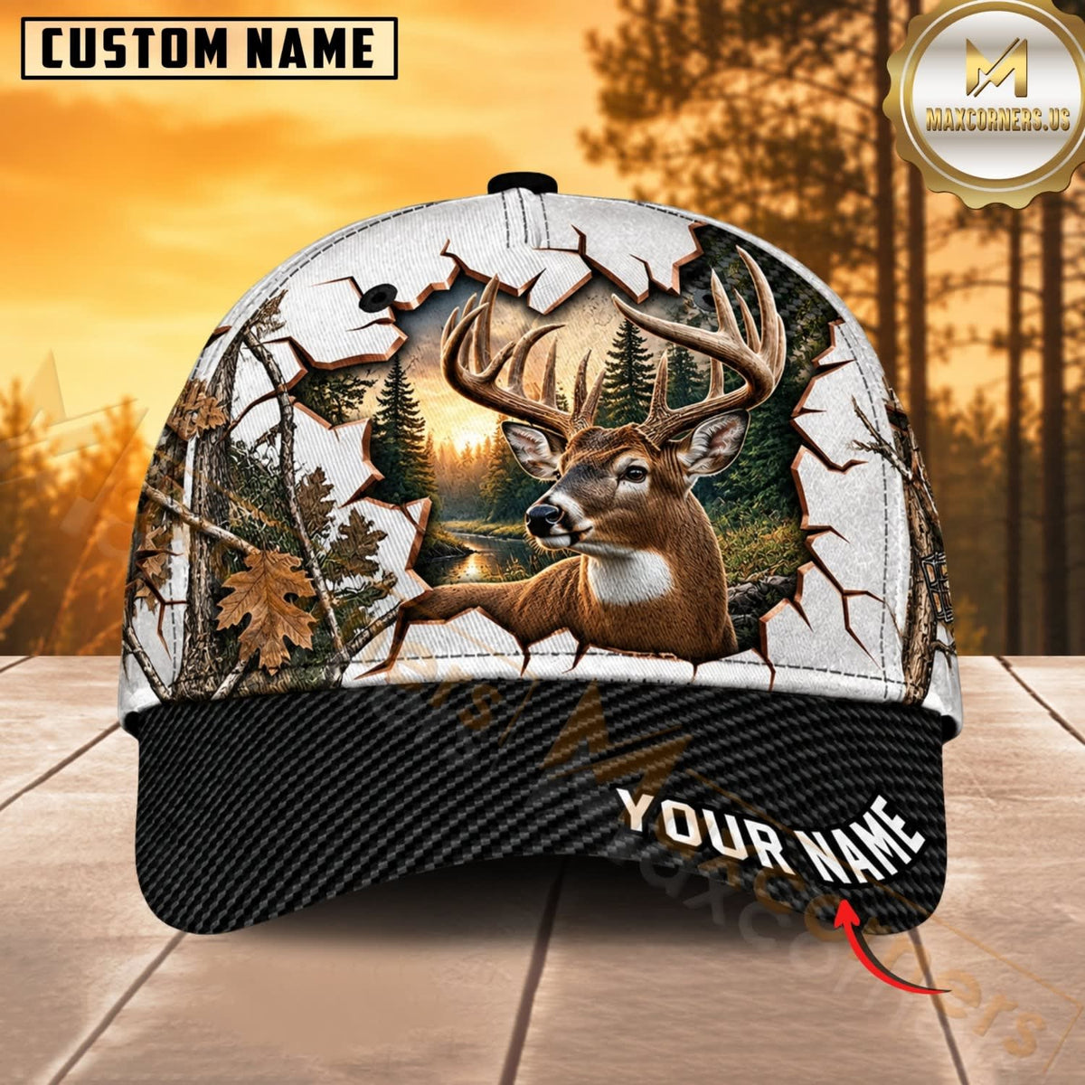 Maxcorners Hunting Wildlife Cracked Wall Autumn Forest Black Brim Personalized Name 3D Cap