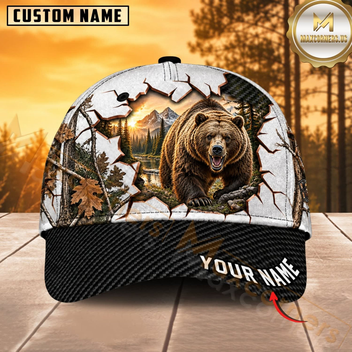 Maxcorners Hunting Wildlife Cracked Wall Autumn Forest Black Brim Personalized Name 3D Cap