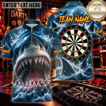 Maxcorners Darts Fierce Blue Shark Ocean Wave Classic Dartboard Personalized Name 3D Unisex Shirt