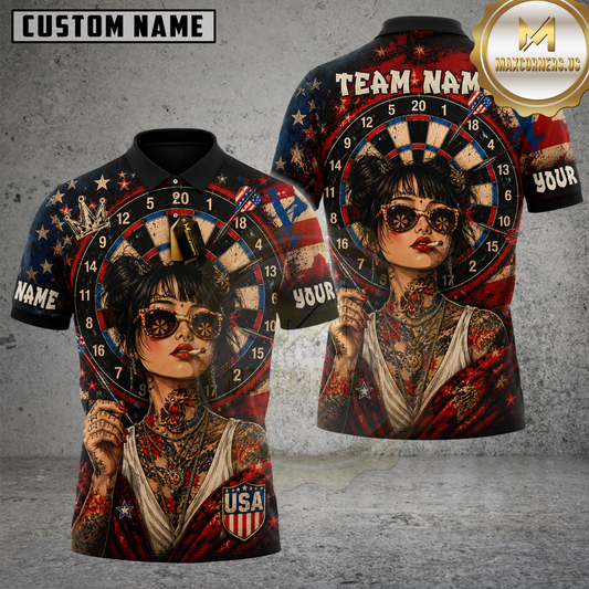 Maxcorners Darts Tattoo Girl USA Flag Multicolor Customized Name, Team Name 3D Shirts