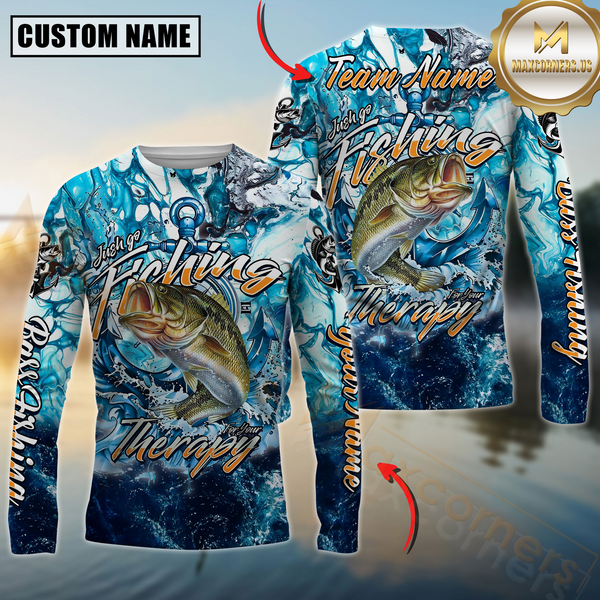Maxcorners Bass Fishing Therapy Personalized Name, Team Name 3D Long Sleeve Shirt
