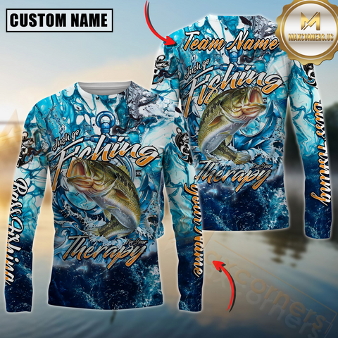 Maxcorners Bass Fishing Therapy Personalized Name, Team Name 3D Long Sleeve Shirt