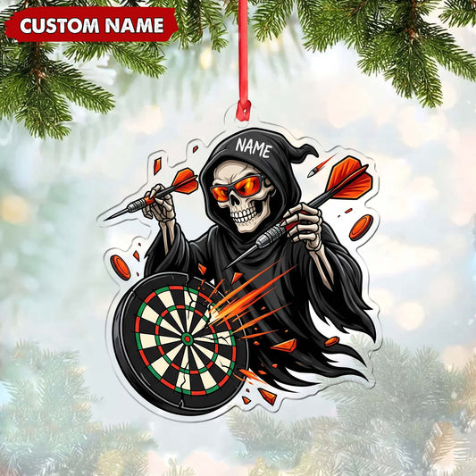Maxcorners Darts Lover Grim Reaper Mascot, Riding Motorcycle, Holding Target Board Darts Personalized Name Ornament 2D Flat