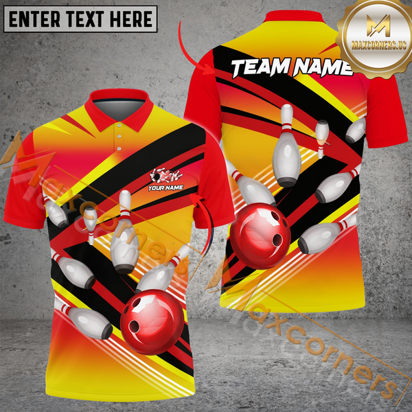 Maxcorners Bowling Ball & Pins Strike Pins Multicolor Option Customized Name, Team Name 3D Polo Shirt