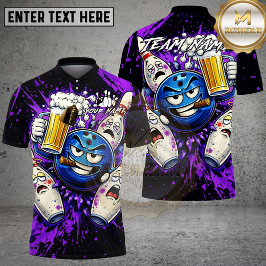 Maxcorners Bowling Beer Party Cartoon Multicolor Options Personalized Name, Team Name 3D Shirt (4 Colors)