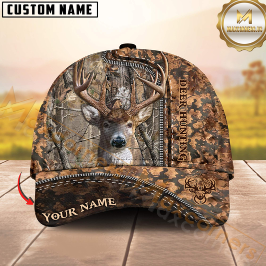 Maxcorners Deer Hunting Camo Forest Zip Design Personalized Hat 3D Printed Multicolor | Brown