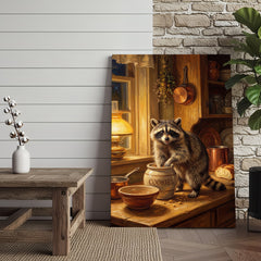 Maxcorners Raccoon in Rustic Kitchen Stealing Cookies Warm Light Canvas Wall Art
