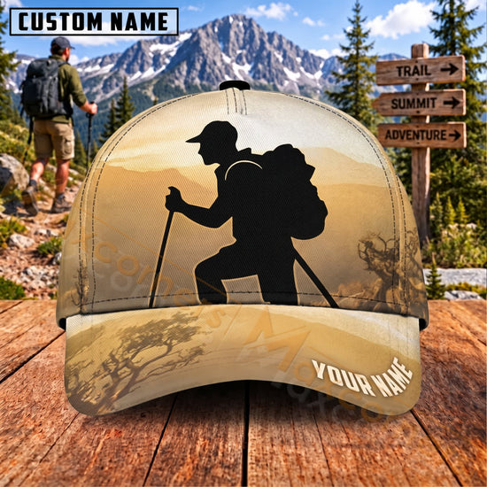 Maxcorners Hiking Backpacker Silhouette Mountain Trail Personalized Name 3D Cap