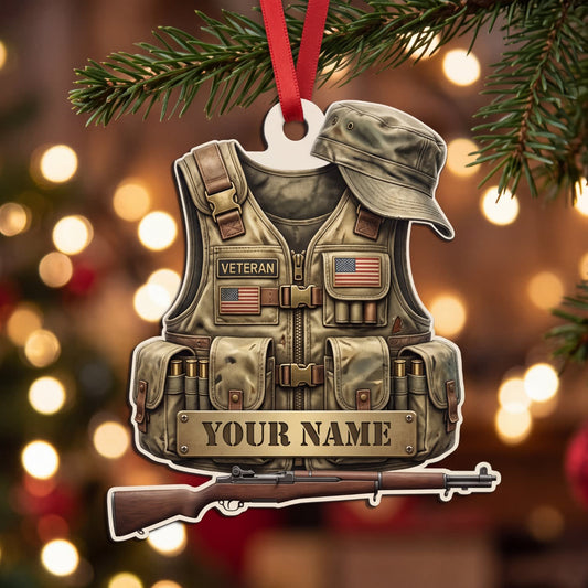 Maxcorners Veteran US Flag Tactical Vest And Rifle Personalized Name 3D Keychain And Ornament