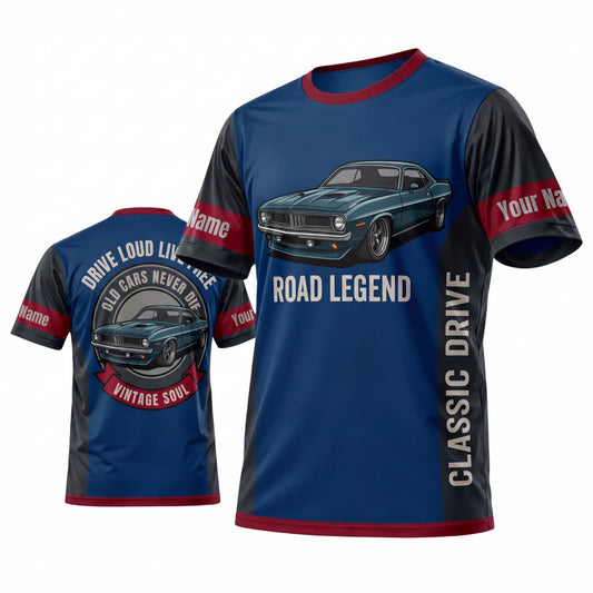 Maxcorners Personalized Car Classic Muscle Car 3D T-Shirt – Navy Blue Red Classic Drive and Vintage Muscle Car