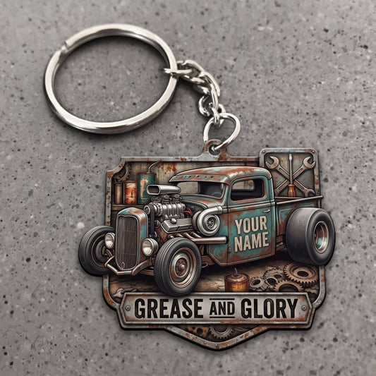 Maxcorners Hot Rod Rusty Vintage Pickup Truck with Grease and Glory Garage Design Personalized Name 3D Keychain And Ornament