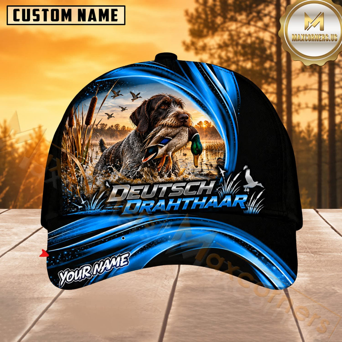 Maxcorners Dog Hunting And Duck Blue Wave Sunset Marsh Scene Multiple Options Personalized Name 3D Cap