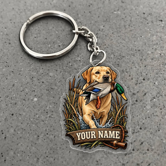 Maxcorners Duck Hunting Yellow Labrador Retriever Golden Reed Badge Custom Name Gift 2D Flat Acrylic Ornament, Keychain