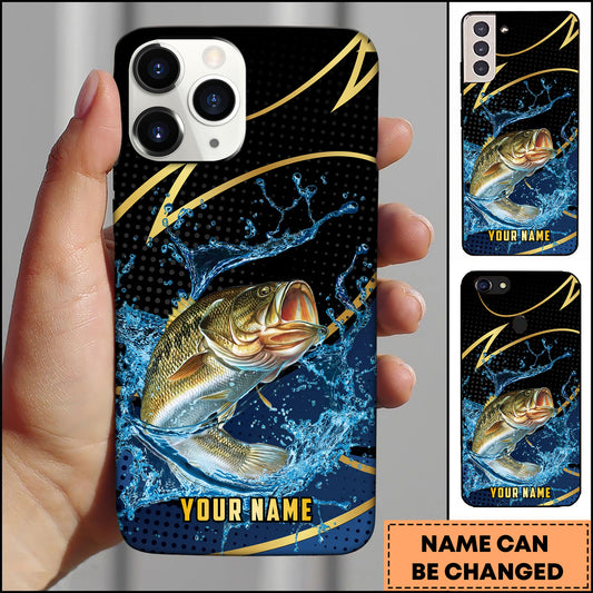 Maxcorners Fishing Phone Case Dynamic Water Splash Black Gold Line Personalized Name Phone Case (8 Fish Species)