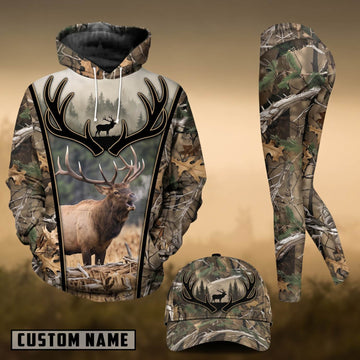 Maxcorners Hunting Elk Forest Camo Antler 3D Combo Hoodie, Legging Set & Cap