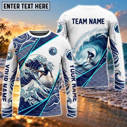 Maxcorners Surfboard Deep Blue Ocean Art Customized Name, Team Name 3D Long Sleeve Shirt