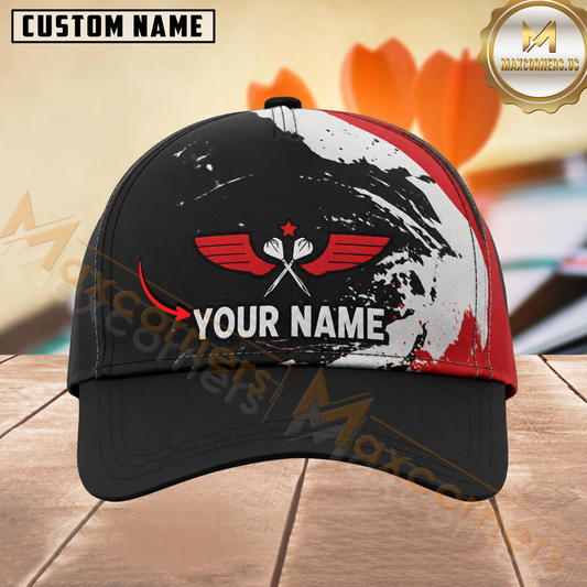 Maxcorners Darts Winged Crossed Darts Black Red White Brushstroke Personalized Name 3D Cap