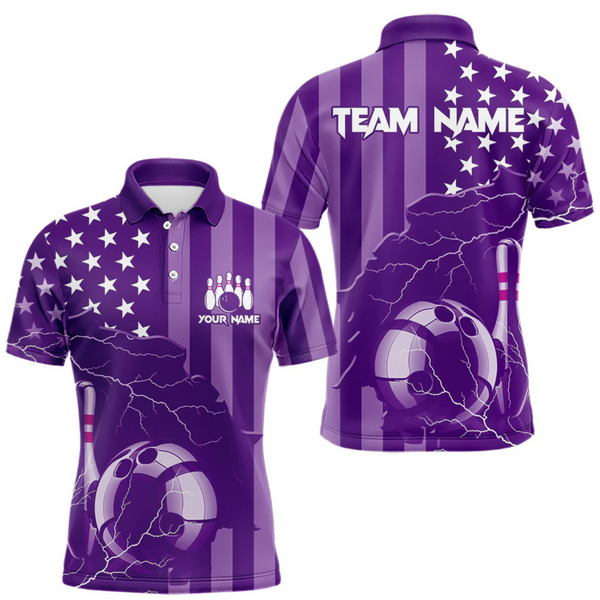 Maxcorners Personalized Purple American flag Lightning thunder Custom Bowling Team Shirts For Mens Bowling Jersey LM184