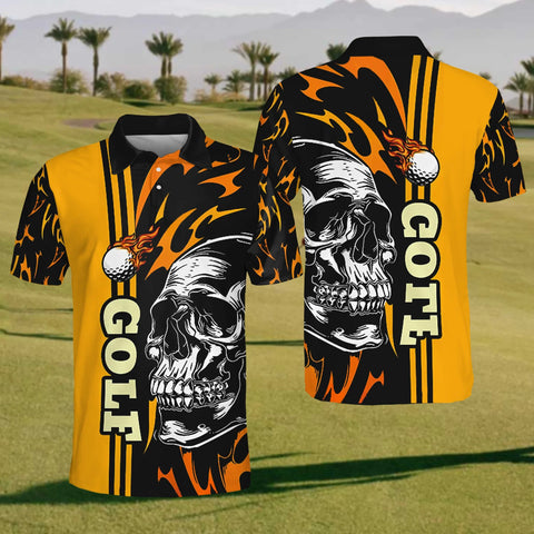 Maxcorners Skull On Fire Mens Golf Polo Shirt, Mens Golf Gift, Golf Lover Gift