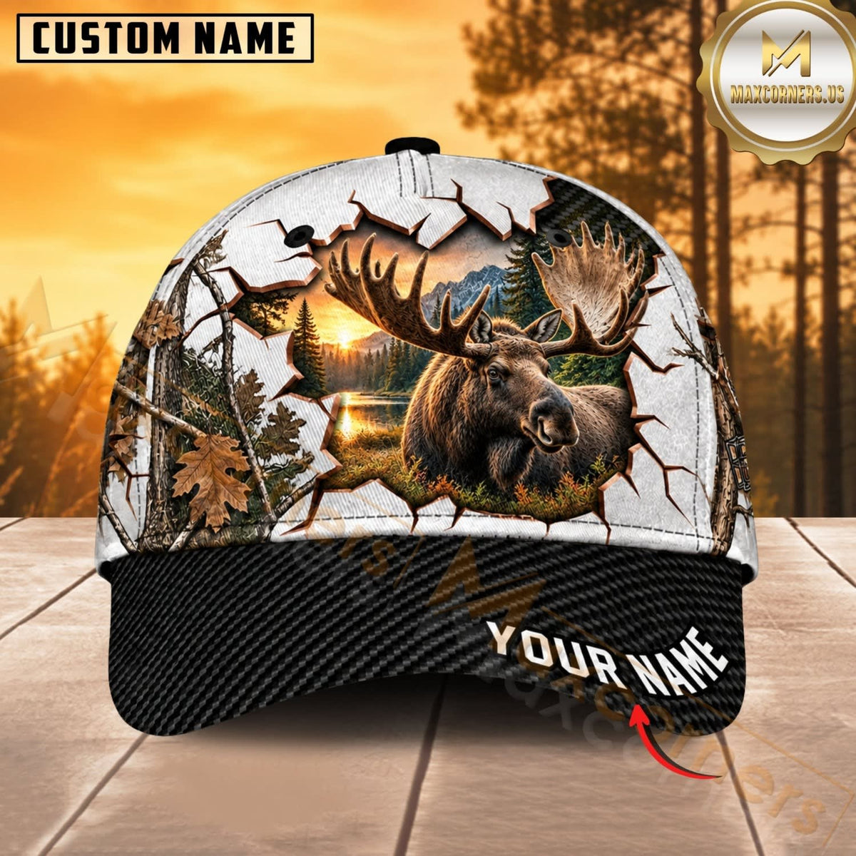 Maxcorners Hunting Wildlife Cracked Wall Autumn Forest Black Brim Personalized Name 3D Cap