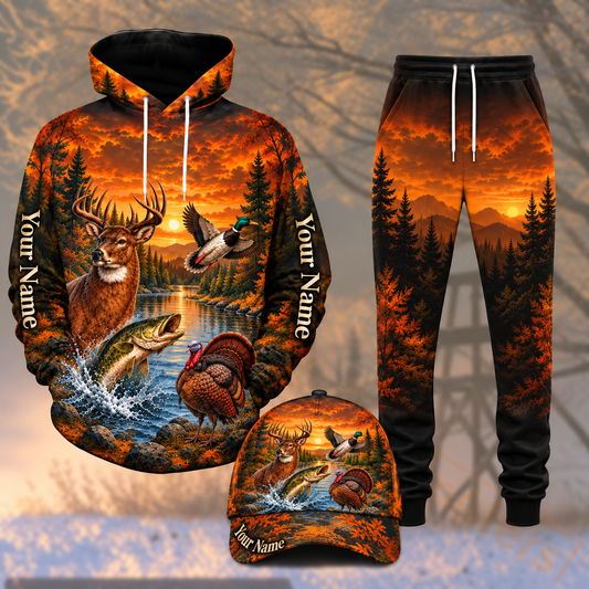 Maxcorners Hunting Orange Sunset Wildlife Forest Pattern Personalized 3D Combo Hoodie, Sweatpants Set & Cap