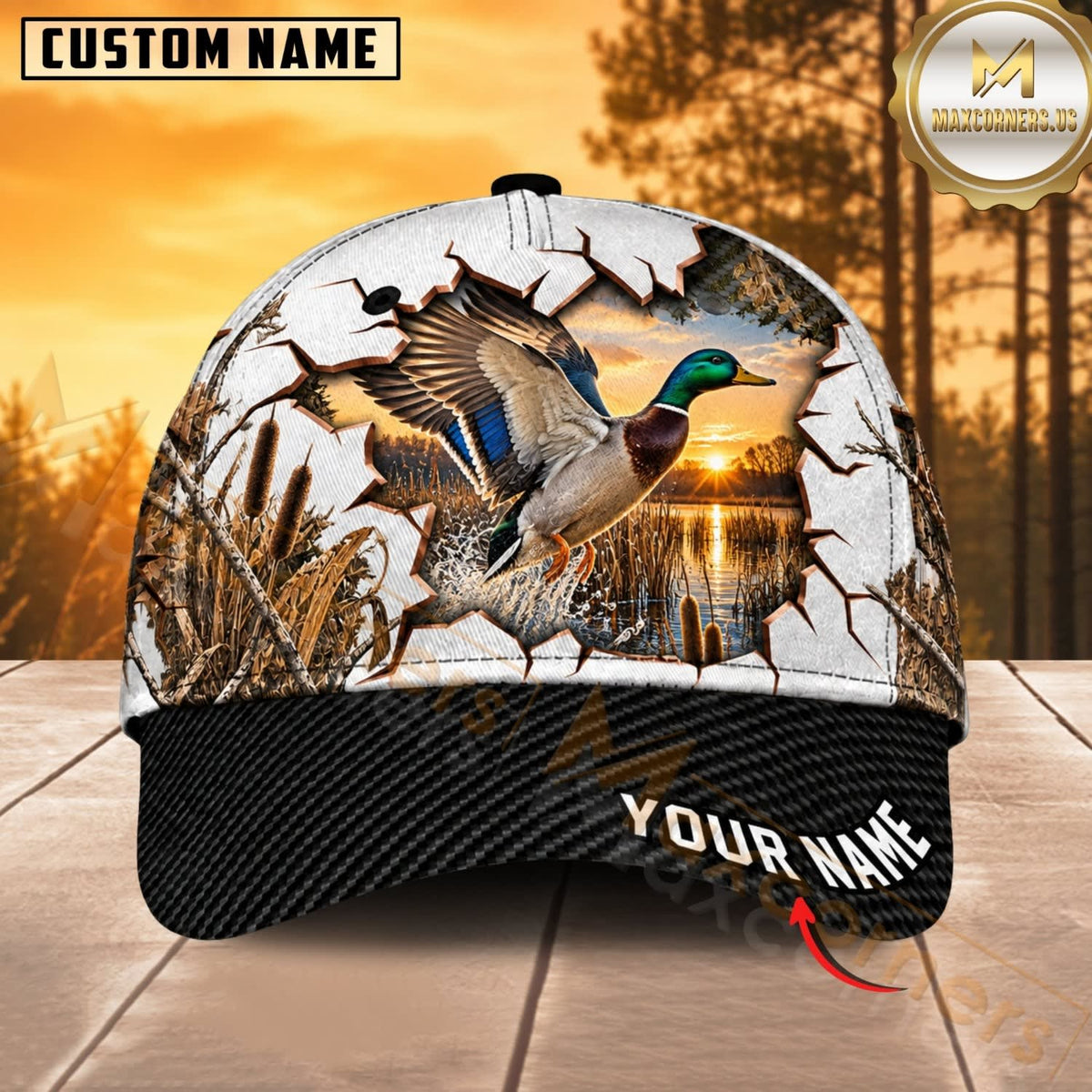 Maxcorners Hunting Wildlife Cracked Wall Autumn Forest Black Brim Personalized Name 3D Cap