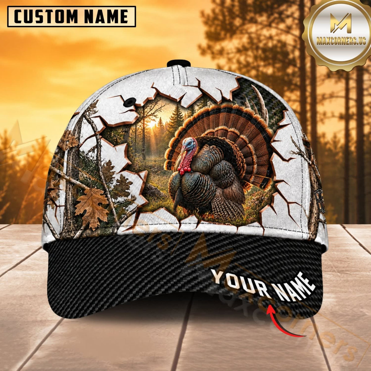 Maxcorners Hunting Wildlife Cracked Wall Autumn Forest Black Brim Personalized Name 3D Cap