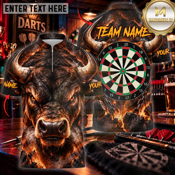 Maxcorners Darts Fierce Bull Head Red Fire Classic Dartboard Personalized Name 3D Unisex Shirt