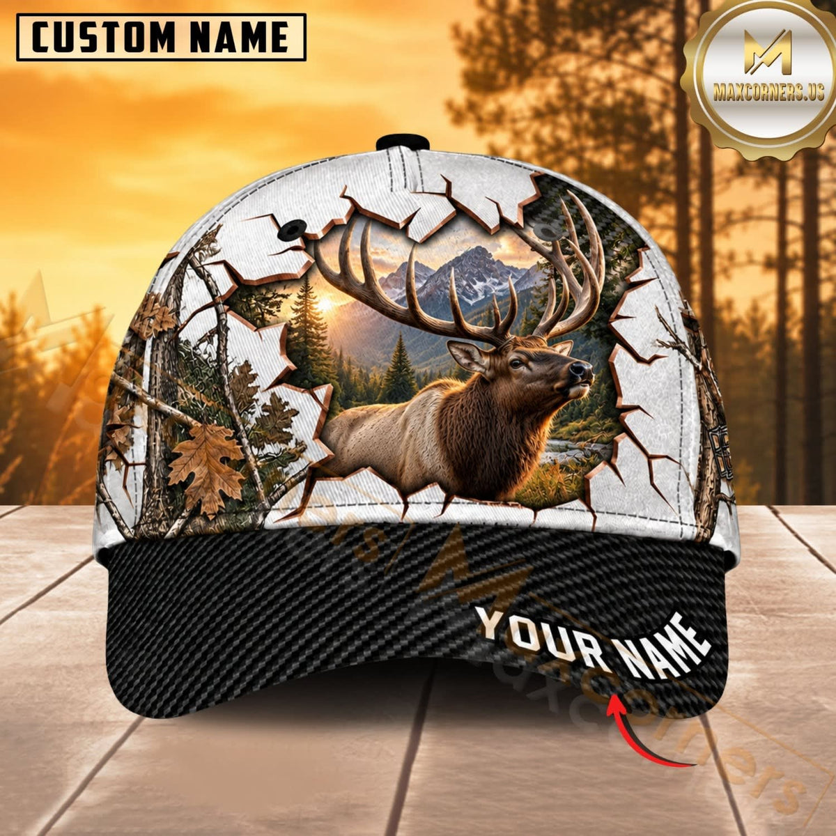 Maxcorners Hunting Wildlife Cracked Wall Autumn Forest Black Brim Personalized Name 3D Cap