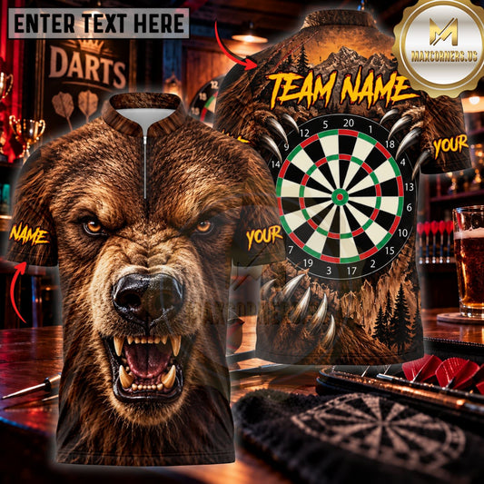 Maxcorners Darts Angry Brown Bear Head Fire Flame Classic Dartboard Personalized Name 3D Unisex Shirt