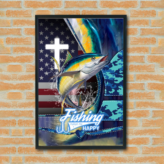 Maxcorners Tuna Fishing Faith Cross American Flag Design Personalized Name 3D Poster