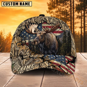 Maxcorners Moose Hunting American Flag Rustic Woodland Personalized Name 3D Cap