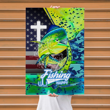 Maxcorners Mahi Mahi Fishing Faith Cross American Flag Design Personalized Name 3D Poster