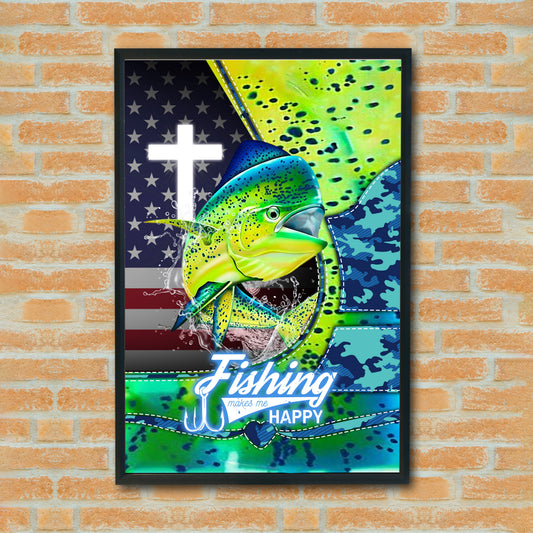 Maxcorners Mahi Mahi Fishing Faith Cross American Flag Design Personalized Name 3D Poster