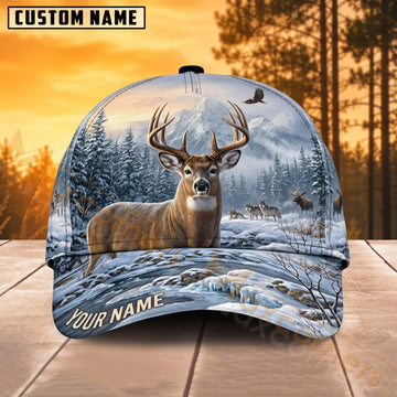 Maxcorners Deer Hunting Snowy Forest Winter Buck Personalized Name 3D Cap
