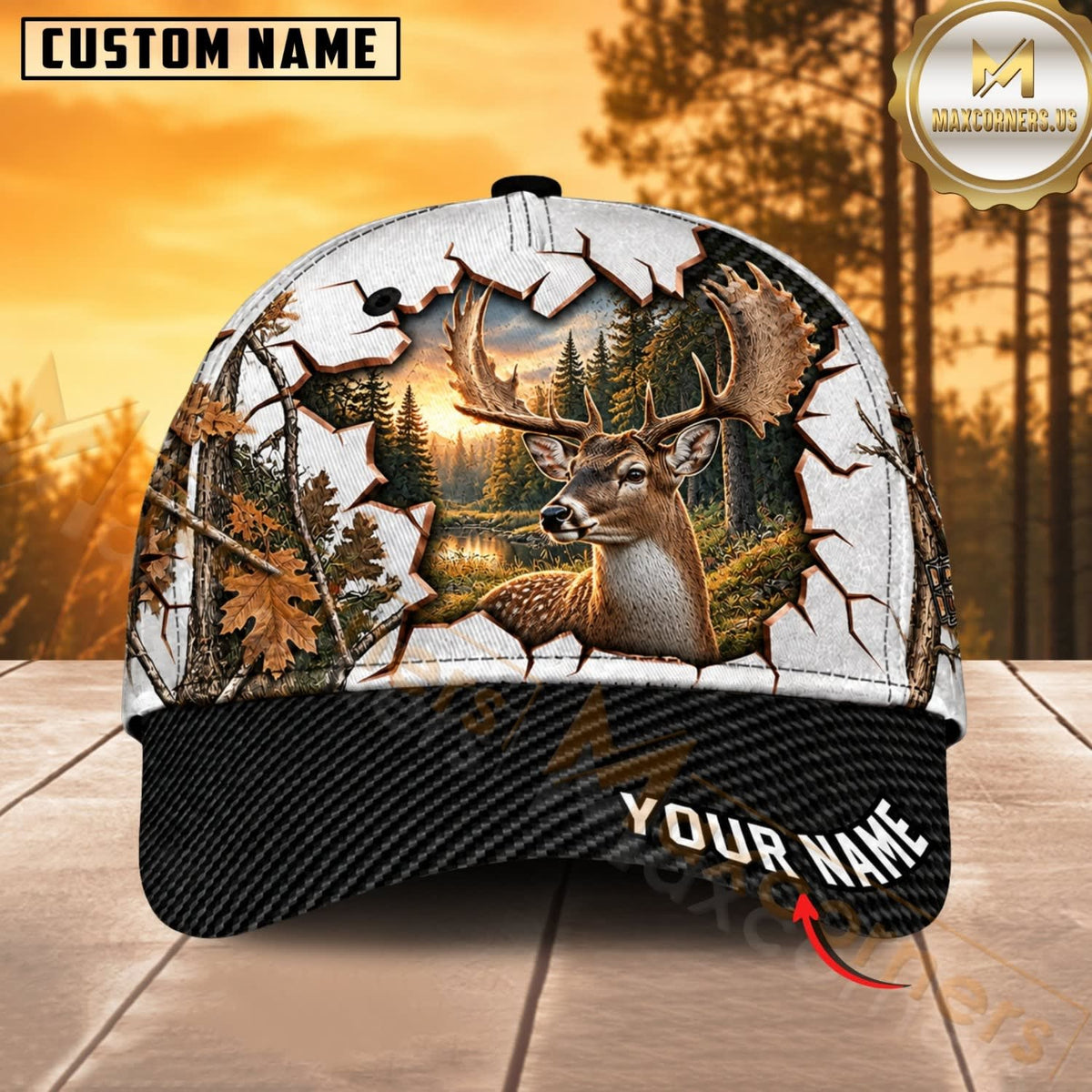 Maxcorners Hunting Wildlife Cracked Wall Autumn Forest Black Brim Personalized Name 3D Cap