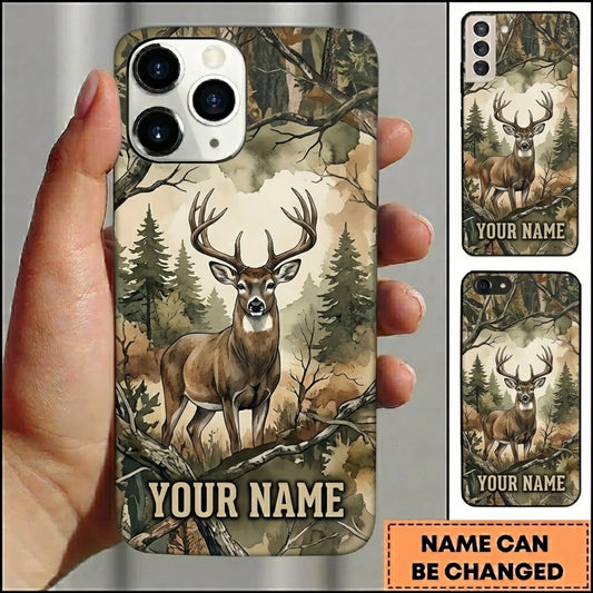 Maxcorners Hunting Deer Antlers Vintage Woodland Camo Personalized Name 3D Phone Case