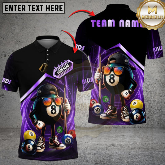 Maxcorners Billiards 8 Ball Funny Character Swirl Customized Name, Team Name 3D Shirt (6 Colors)