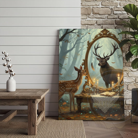 Maxcorners Deer Fawn Looking in Magic Mirror Forest Scene Wrapped Canvas