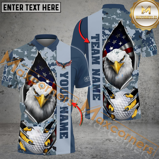 Maxcorners Golf American Eagle Army Camo Multicolor Option Customized Name, Team Name 3D Polo Shirt