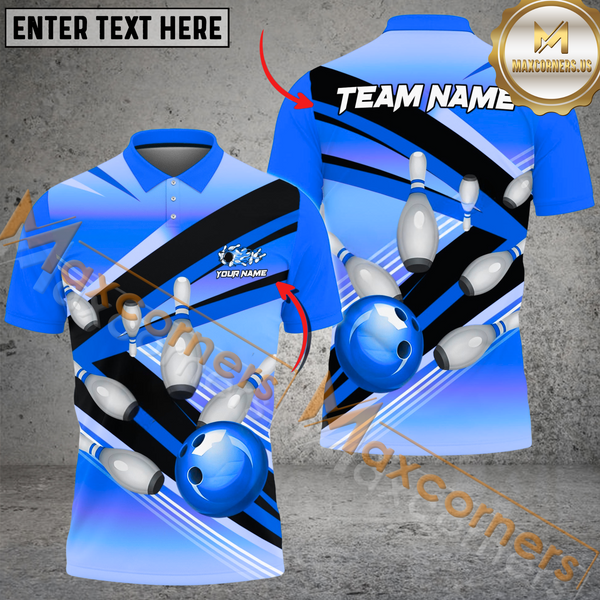 Maxcorners Bowling Ball & Pins Strike Pins Multicolor Option Customized Name, Team Name 3D Polo Shirt