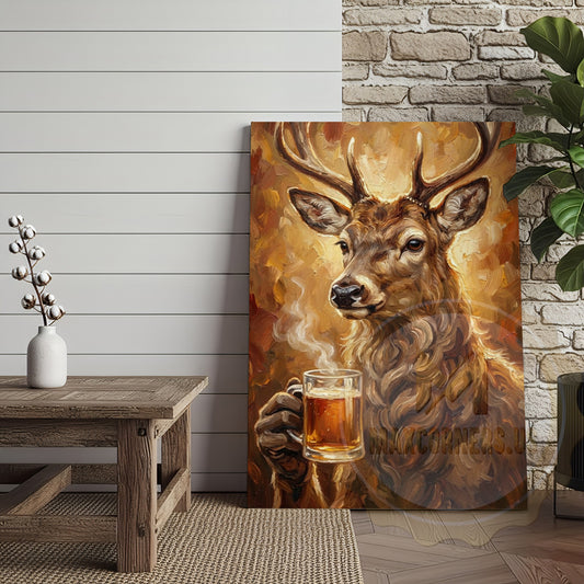 Maxcorners Rustic Bar Decor Canvas - Stag Holding Beer Mug Wall Art